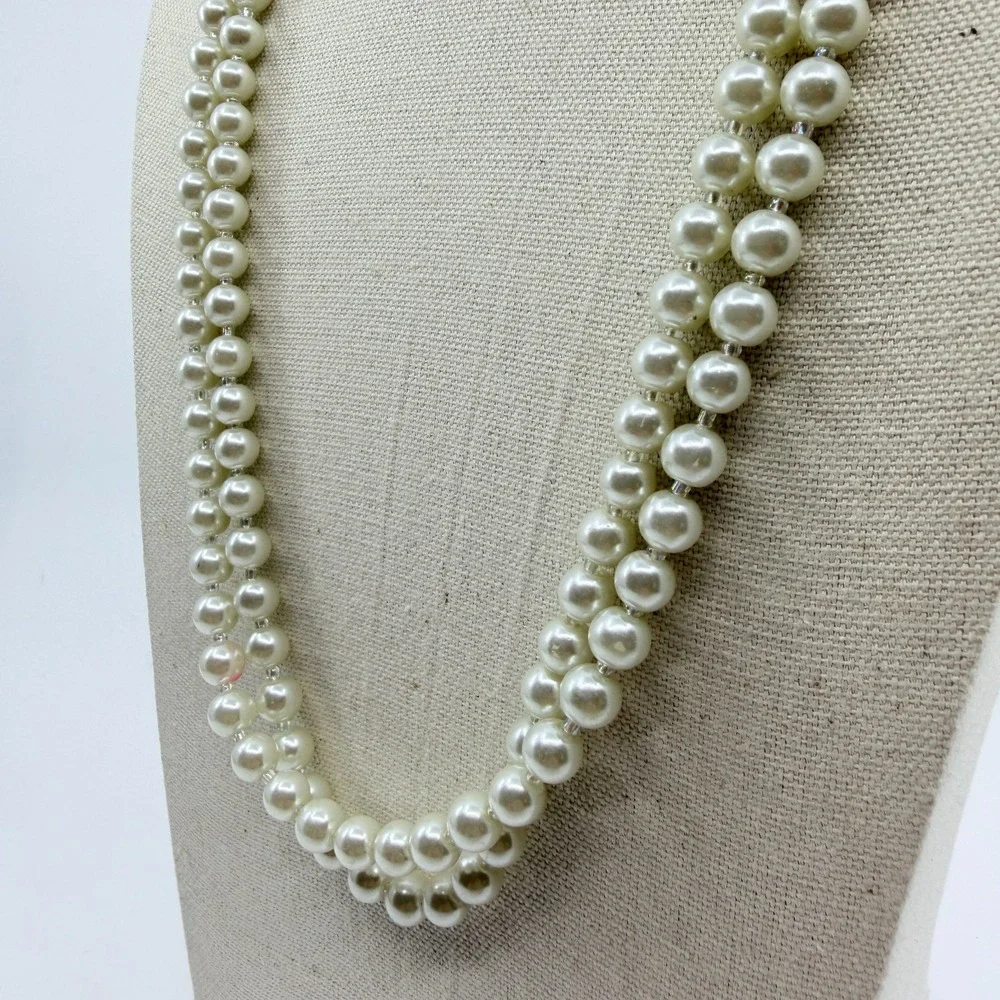 Vintage‎ Faux Pearl Necklace Double Strand Cream Beaded Statement Retro Y2K 90s